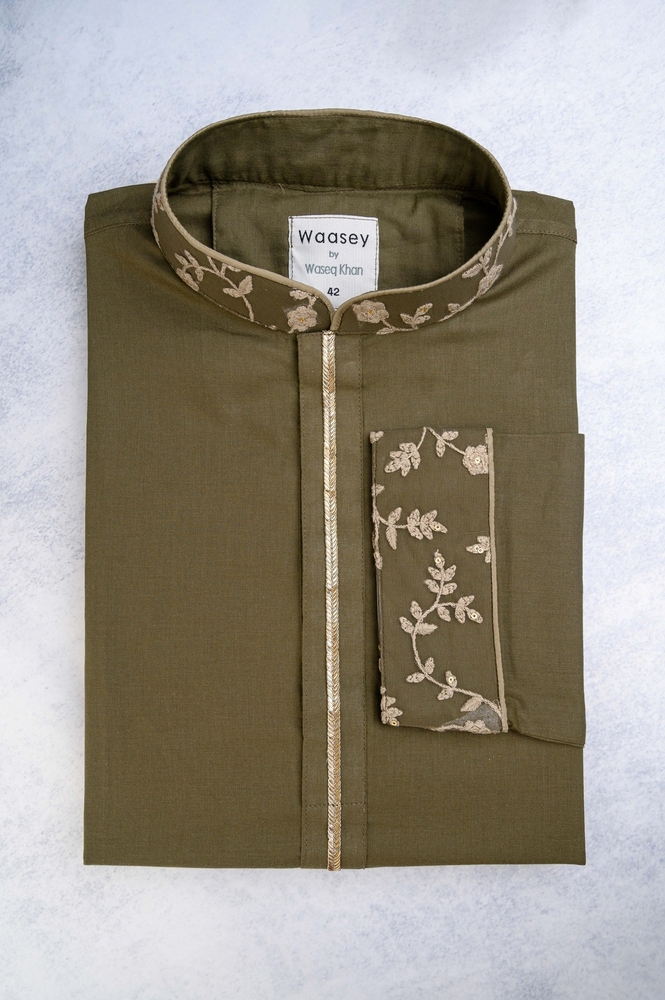 Olive Green Simple Embroidery Panjabi